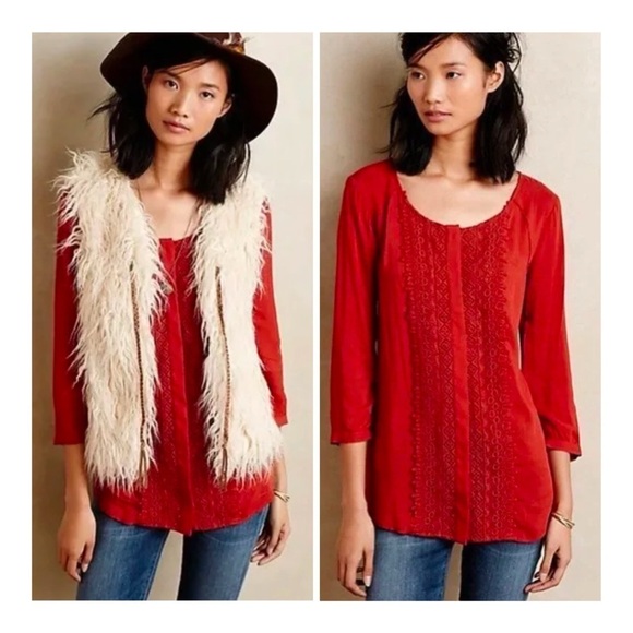 Anthropologie Maeve Rust Red Crescent Lace Street Crochet Blouse Sz 8 Bohemian - Picture 1 of 13